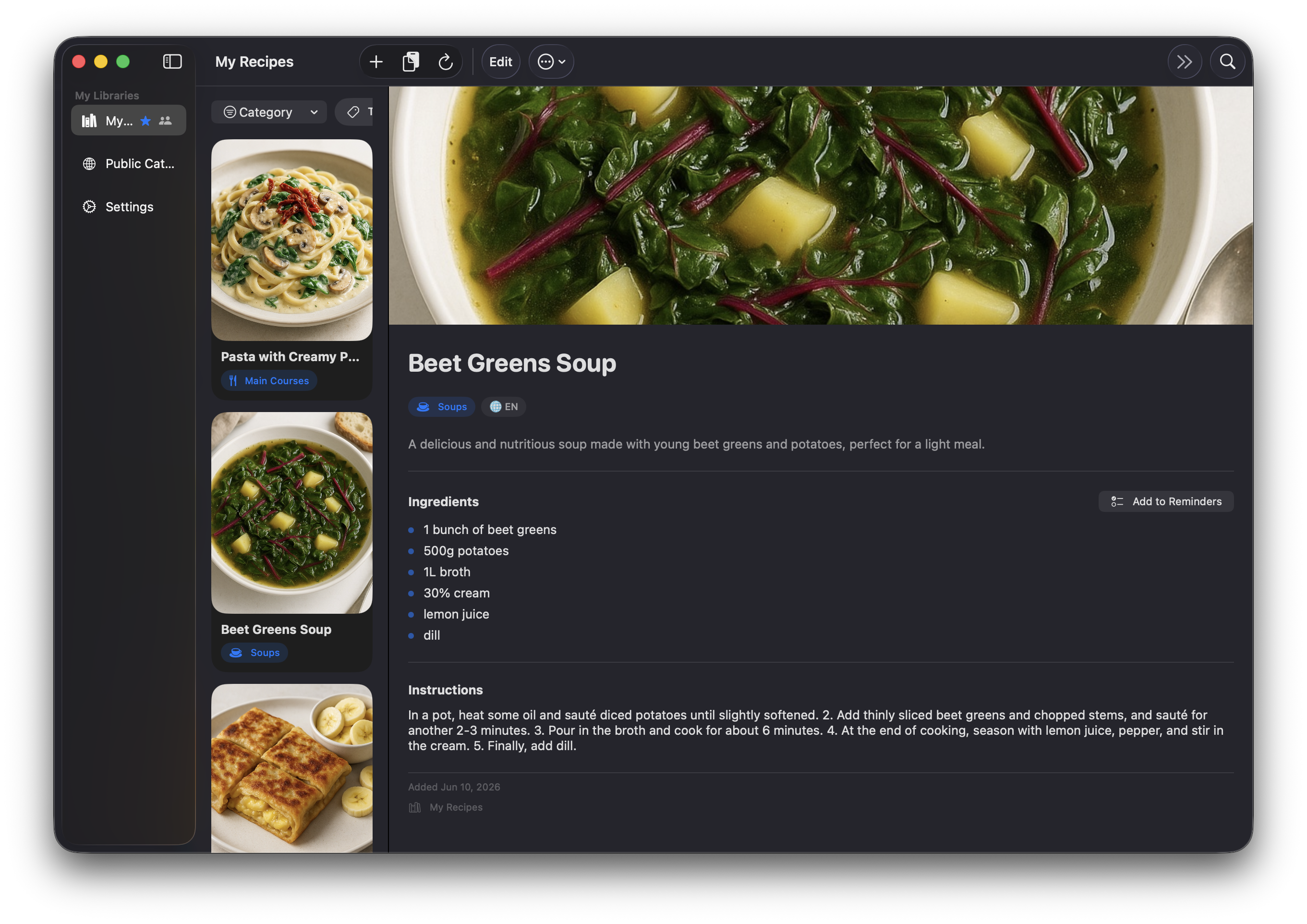 RECP on Mac showing a recipe library and a recipe detail view