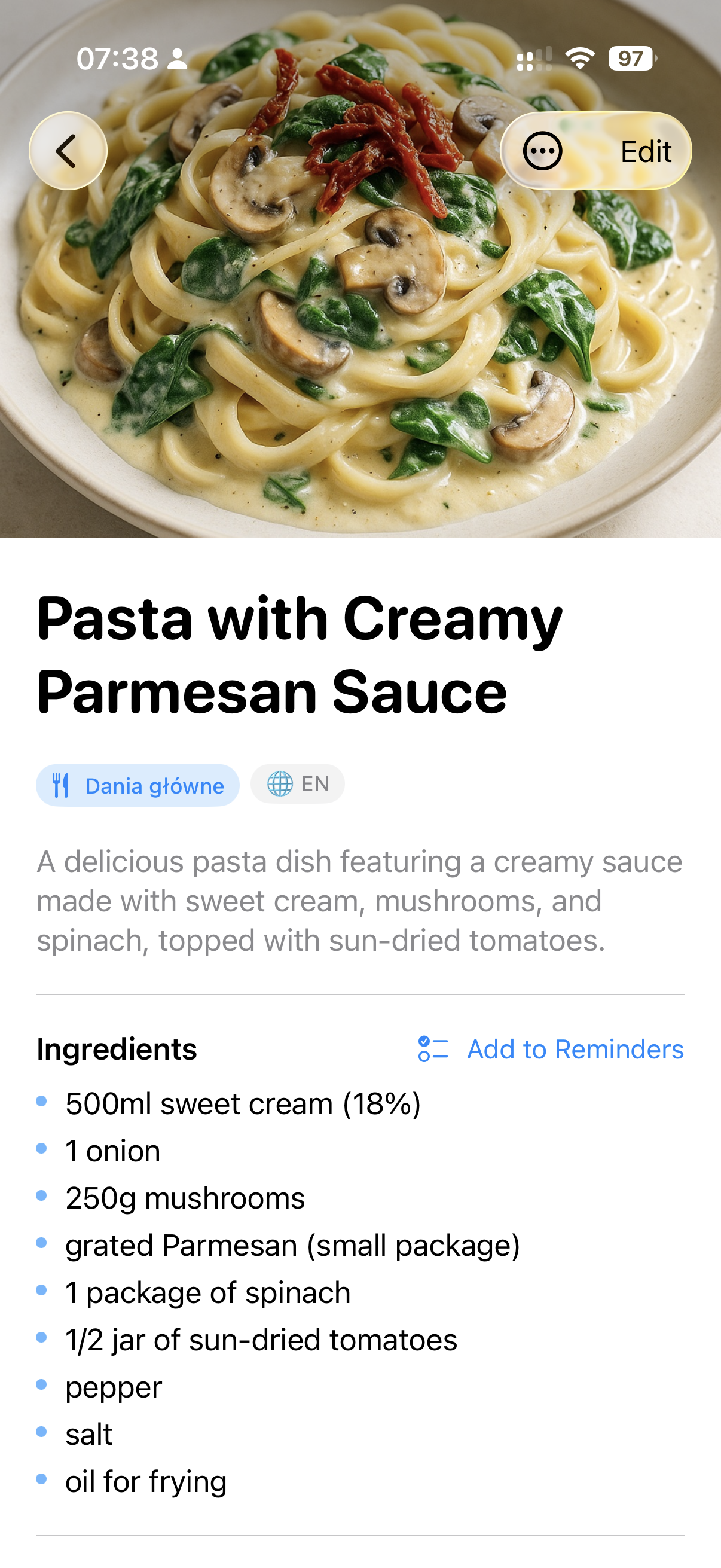 A recipe detail view on iPhone
